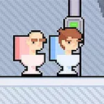 Δύο χαρακτήρες σε ρετρό στυλ pixel κάθονται σε τουαλέτες με φόντο μπλε και γκρι αποχρώσεις
