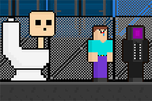Ένα pixelated σκηνικό με μια φιγούρα πάνω σε μια τουαλέτα, ένας χαρακτήρας με μπλε μπλούζα και μοβ παντελόνι, και μια σκοτεινή μορφή με μοβ μάσκα