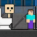 Ένα pixelated σκηνικό με μια φιγούρα πάνω σε μια τουαλέτα, ένας χαρακτήρας με μπλε μπλούζα και μοβ παντελόνι, και μια σκοτεινή μορφή με μοβ μάσκα