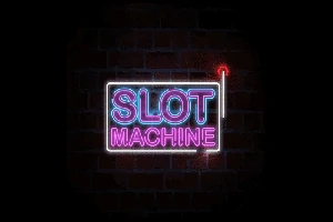 Νέον πινακίδα με τις λέξεις SLOT MACHINE σε μπλε και ροζ χρώμα, τοποθετημένη σε τοίχο από τούβλα