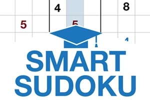 Ένα λογότυπο με τη φράση SMART SUDOKU και ένα καπέλο αποφοίτησης πάνω από τη λέξη, μπροστά από ένα πλέγμα με αριθμούς