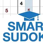 Ένα λογότυπο με τη φράση SMART SUDOKU και ένα καπέλο αποφοίτησης πάνω από τη λέξη, μπροστά από ένα πλέγμα με αριθμούς