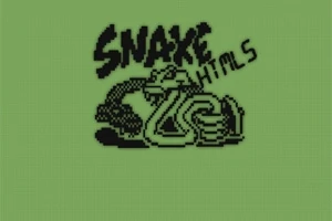 Τίτλος με την ένδειξη SNAKE και εικόνα φιδιού σε πράσινο φόντο με pixelated γραφικά