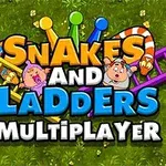 Ο τίτλος Snakes and Ladders Multiplayer με γραφικά από σκάλες, φιδάκια και δύο καρτουνίστικους χαρακτήρες σε ένα πράσινο φόντο με λουλούδια