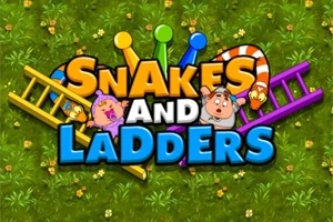 Γραφικά με τη φράση Snakes and Ladders σε ένα πράσινο φόντο, με σκάλες και φίδια γύρω από τα γράμματα