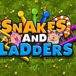 Γραφικά με τη φράση Snakes and Ladders σε ένα πράσινο φόντο, με σκάλες και φίδια γύρω από τα γράμματα