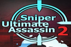 Κυκλικό σημάδι στόχευσης με το κείμενο Sniper Ultimate Assassin 2 σε μπλε και κόκκινο φόντο