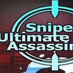 Κυκλικό σημάδι στόχευσης με το κείμενο Sniper Ultimate Assassin 2 σε μπλε και κόκκινο φόντο