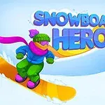 Χαρούμενος χαρακτήρας κάνει snowboard στο χιόνι με πολύχρωμο εξοπλισμό και φόντο χιονισμένα δέντρα