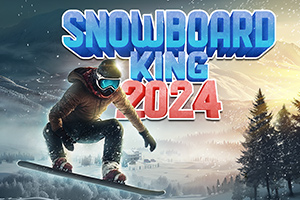 Ένας χιονοδρόμος με εξοπλισμό snowboard εκτελεί άλμα σε χιονισμένο τοπίο με βουνά και έλατα στο φόντο