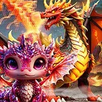 Χαριτωμένο πολύχρωμο μικρό δράκος μπροστά από έναν μεγαλύτερο δράκο με φλόγες και ένα αυγό με έντονα χρώματα