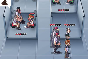 Άνθρωποι με καπέλα και καρδιές πάνω από τα κεφάλια τους κάθονται και στέκονται σε θαλάμους σε γκρι πλακάκια