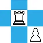 Λευκός και γαλάζιος πίνακας με μαύρο περίγραμμα πύργου και πιόνι στην κάτω δεξιά γωνία