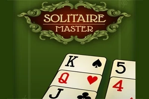 Πράσινο φόντο με τον τίτλο Solitaire Master και κάρτες παιχνιδιού όπως ο ρήγας μπαστούνι και η ντάμα καρρό