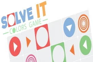 Το κείμενο SOLVE IT COLORS GAME δίπλα σε πολύχρωμα γεωμετρικά σχήματα με κύκλους και τρίγωνα