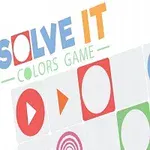 Το κείμενο SOLVE IT COLORS GAME δίπλα σε πολύχρωμα γεωμετρικά σχήματα με κύκλους και τρίγωνα