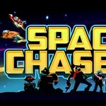 Γραφικά με το λογότυπο Space Chasers σε λαμπερά γράμματα, φιγούρες σε στάσεις δράσης και φόντο με διαστημόπλοια