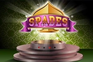 Ένα λαμπερό λογότυπο SPADES με ένα μοβ πανό τοποθετημένο πάνω από μια στρογγυλή μεταλλική βάση, με πράσινο διακοσμητικό φόντο