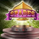 Ένα λαμπερό λογότυπο SPADES με ένα μοβ πανό τοποθετημένο πάνω από μια στρογγυλή μεταλλική βάση, με πράσινο διακοσμητικό φόντο