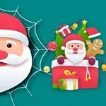 Ένας χαμογελαστός Άγιος Βασίλης με λευκή γενειάδα και κόκκινο σκούφο, σε αράχνη και δίπλα του μια χριστουγεννιάτικη σύνθεση με δώρο, μπισκότο και χριστουγεννιάτικα στολίδια