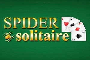 Κίτρινη λέξη Spider Solitaire και τρία τραπουλόχαρτα σε πράσινο φόντο