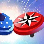 Δύο κυκλικές σβούρες, η μία με σχέδιο αστεριών και ριγών σε μπλε και κόκκινο χρώμα, και η άλλη με κόκκινο χρώμα και μαύρο αστέρι, σε φόντο εκρήξεων