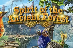 Τίτλος Spirit of the Ancient Forest σε φανταστικό τοπίο με ξύλινη γέφυρα και μπλε πουλί με γρανάζια