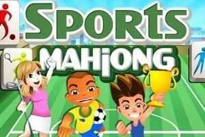 Τρεις χαρούμενοι χαρακτήρες με αθλητική ενδυμασία σε γήπεδο, κρατώντας τρόπαιο και αθλητικές μπάλες, με τον τίτλο Sports Mahjong πάνω τους