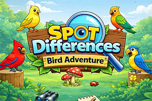 Πολύχρωμα πουλιά γύρω από ξύλινη πινακίδα «SPOT Differences Bird Adventure» σε καταπράσινο δάσος με μανιτάρια και κιάλια