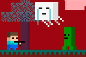 Ένας pixel χαρακτήρας με όπλο στέκεται μπροστά από ένα μεγάλο λευκό αιωρούμενο τετράγωνο και ένα πράσινο πλάσμα, με κόκκινο φόντο