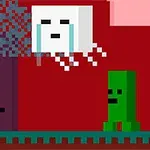 Ένας pixel χαρακτήρας με όπλο στέκεται μπροστά από ένα μεγάλο λευκό αιωρούμενο τετράγωνο και ένα πράσινο πλάσμα, με κόκκινο φόντο