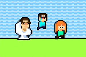 Δύο χαρακτήρες και ένας σκύλος σε pixel art γραφικά πάνω σε πράσινο φόντο με κυματιστό μπλε ουρανό