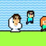 Δύο χαρακτήρες και ένας σκύλος σε pixel art γραφικά πάνω σε πράσινο φόντο με κυματιστό μπλε ουρανό