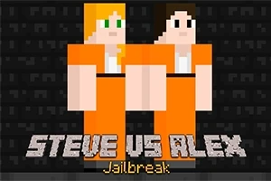 Δύο pixel χαρακτήρες σε πορτοκαλί ρούχα σε μαύρο φόντο με κείμενο STEVE VS ALEX Jailbreak