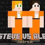 Δύο pixel χαρακτήρες σε πορτοκαλί ρούχα σε μαύρο φόντο με κείμενο STEVE VS ALEX Jailbreak