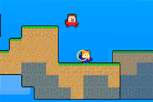 Δύο χαρακτήρες σε pixel art στυλ, ο ένας πετάει στον αέρα φορώντας κόκκινα και ο άλλος κρατά χρυσό δαχτυλίδι, αλληλεπιδρώντας πάνω σε πλατφόρμες από χώμα και πέτρα με φόντο γαλάζιο ουρανό