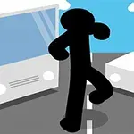 Μαύρη φιγούρα ανθρώπου περπατά ανάμεσα σε δύο οχήματα σε δρόμο με μπλε ουρανό και σύννεφα
