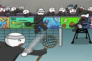 Δύο σκιτσαρισμένοι χαρακτήρες παίζουν τένις μπροστά από ενθουσιασμένο κοινό με έναν διαιτητή που παρακολουθεί
