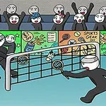 Δύο σχεδιαστικοί χαρακτήρες παίζουν μπάντμιντον μπροστά από εξέδρα με ενθουσιώδες κοινό και αφίσες αθλητικού εξοπλισμού
