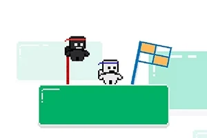 Δύο χαρακτήρες pixel πάνω σε πλατφόρμα με σημαίες στο φόντο