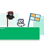 Δύο χαρακτήρες pixel πάνω σε πλατφόρμα με σημαίες στο φόντο