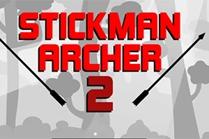 Κόκκινος τίτλος Stickman Archer 2 με δύο μαύρα βέλη σε γκρι φόντο με δέντρα