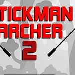 Κόκκινος τίτλος Stickman Archer 2 με δύο μαύρα βέλη σε γκρι φόντο με δέντρα