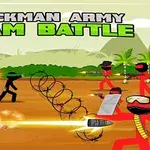 Μαύρες και κόκκινες φιγούρες stickmen σε μάχη με όπλα και εμπόδια, σε περιβάλλον ζούγκλας