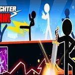 Δύο σιλουέτες stickman μάχονται, ενώ μια τρίτη κρατάει σπαθί, με εικονίδια όπλων στην αριστερή πλευρά