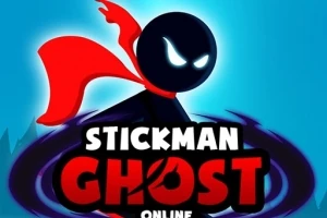 Μαύρη φιγούρα τύπου stickman με κόκκινη κάπα και φωτεινά μάτια, στον μπλε φόντο με τη φράση Stickman Ghost Online