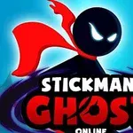 Μαύρη φιγούρα τύπου stickman με κόκκινη κάπα και φωτεινά μάτια, στον μπλε φόντο με τη φράση Stickman Ghost Online