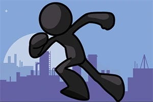 Μαύρη φιγούρα στικμαν τρέχει μπροστά από αστικό τοπίο σε μπλε φόντο