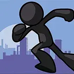 Μαύρη φιγούρα στικμαν τρέχει μπροστά από αστικό τοπίο σε μπλε φόντο