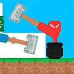 Δύο pixelated χαρακτήρες με σφυριά συγκρούονται, ο ένας είνια εσωτερικά ενός σπιτιού και ο άλλος βρίσκεται μέσα σε καζάνι, σε γήπεδο με φόντο μπλε ουρανό και δέντρα